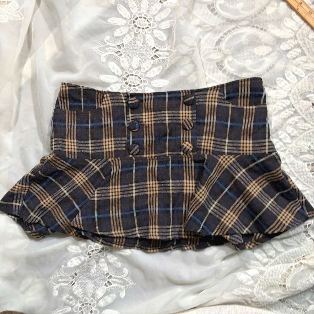 Y2K Gilmore Girls Plaid Wool Blend Ruffle Mini Skirt Brown Navy Button Front